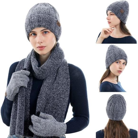 Winter Knit Beanie Hat Touchscreen Gloves Long Neck Scarf Set For Women